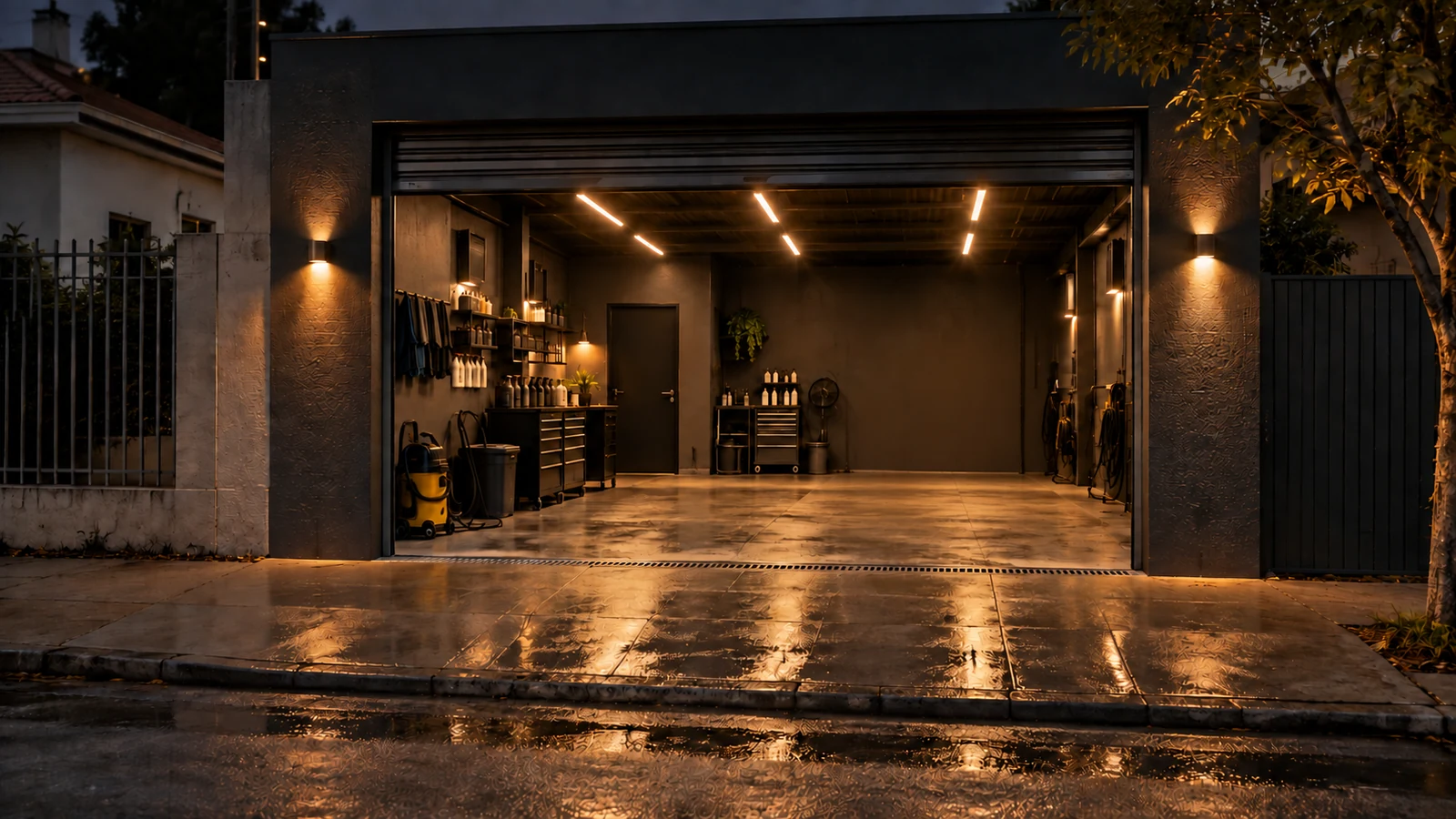 Fachada da Garagem 41 à noite, com a porta aberta mostrando o box iluminado.